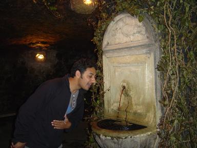 Spencer by a fountain of wine inside the Labyrinth