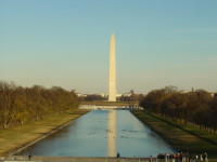 The Washington Monument stands majestically in the distance from behind the Reflecting Pool